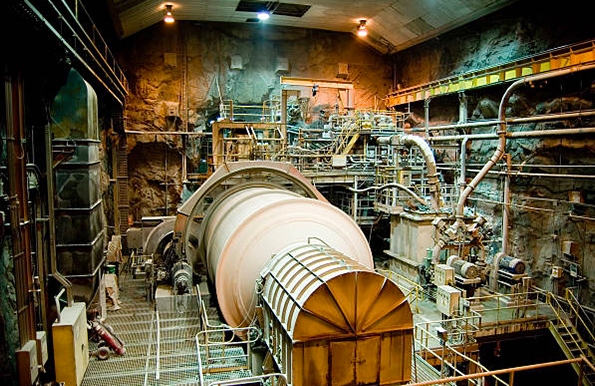 Ball mill rotates at a copper mines underground processing facility