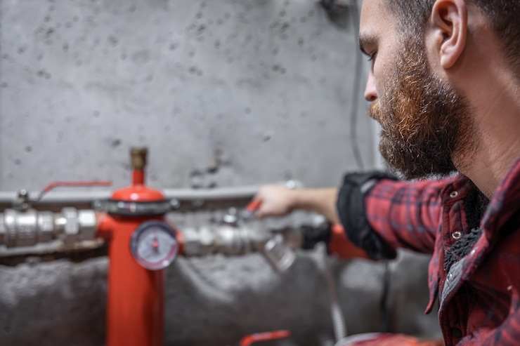 Man looking at the faucet pipe valve and pressure meter